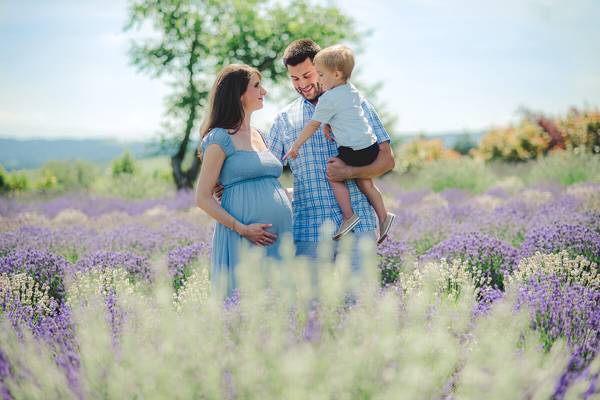 family of three in lavender field