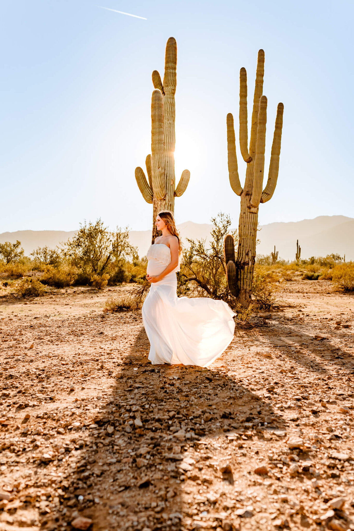 young mom wearing a white gown, holding her baby bump for Cactus & Pine Photography LLC for her maternity session with Arizona saguaros