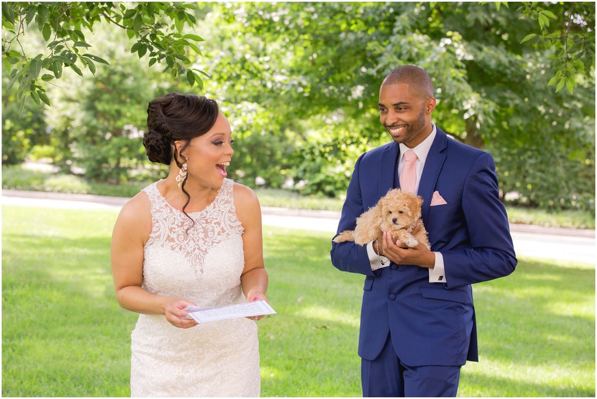 Groom surprises bride with a puppy by Kevin and Anna Photography