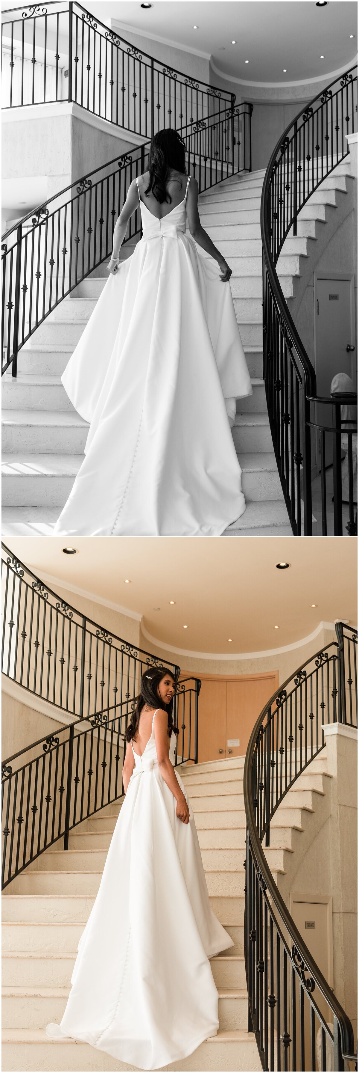 Photographs of the bride during her wedding going up the elegant staircase showing off the length and the back of her dress
