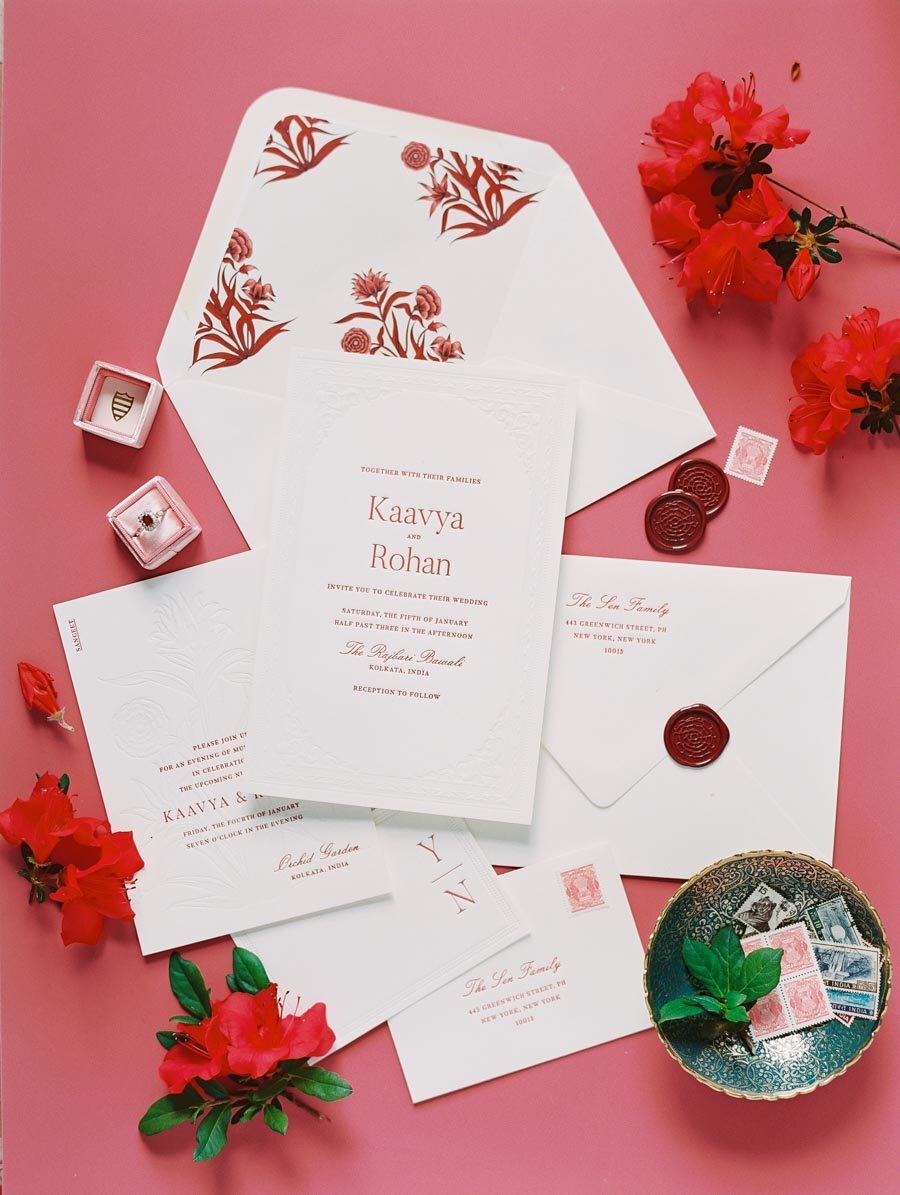 Indian Inspired Red Wedding Invitation Wax Seal Niru & Baku Bonnie Sen Photography