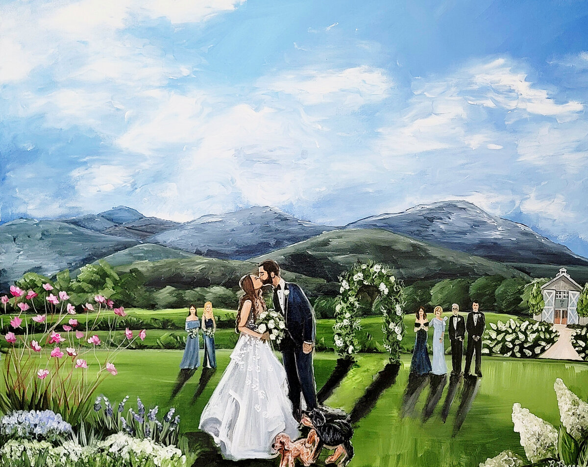 Live wedding painting of an outdoor wedding ceremony at Pippin Hill Farm and Vineyards in Charlottesville Virginia