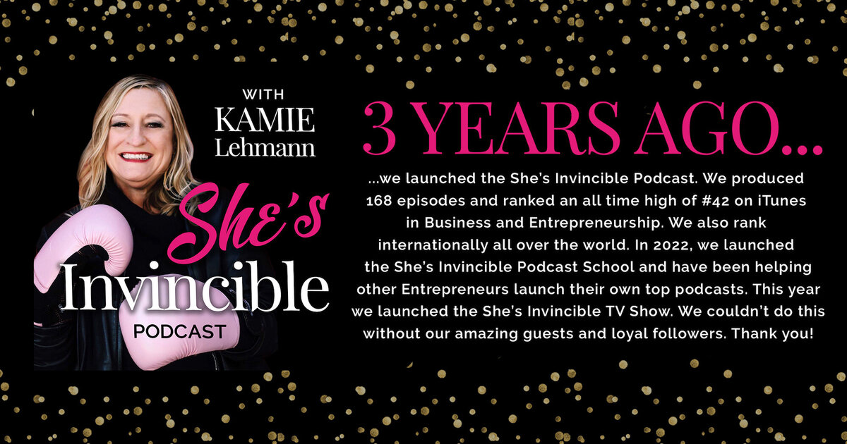 Test overlay with words "3 years ago...we launched the She's Invincible Podcast"