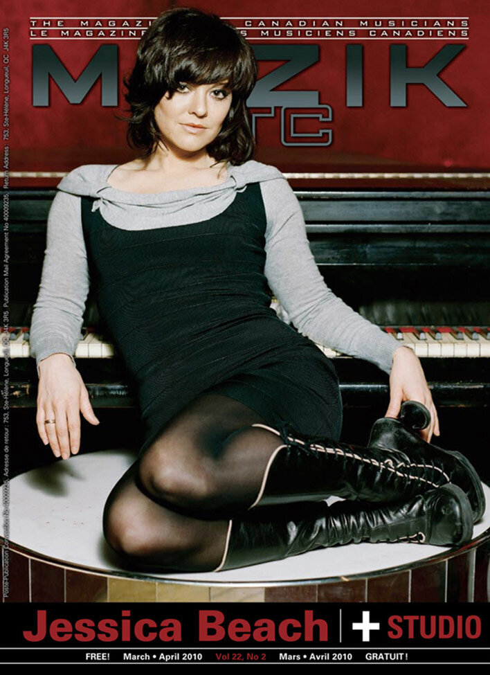 Magazine Cover Muzik Etc featuring Jessica Beach sitting on round table in front of piano leaning back on keys