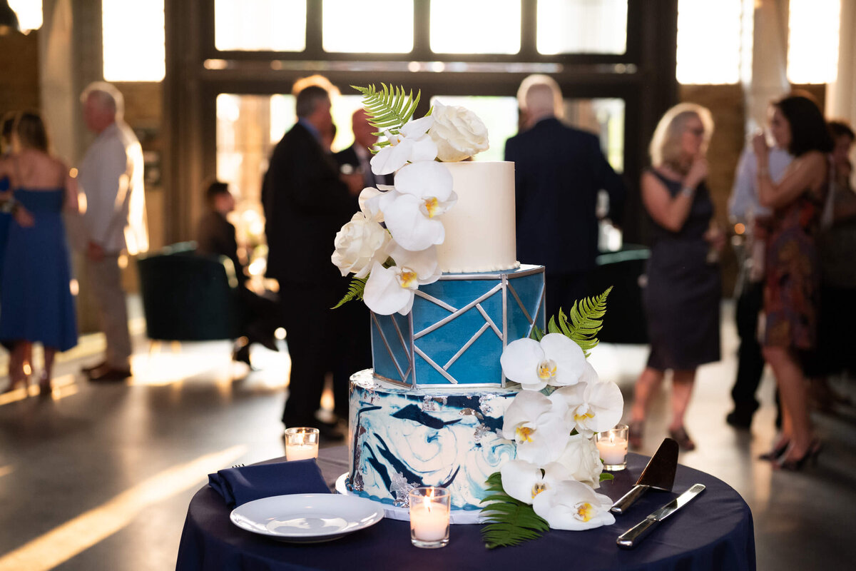 chicago-wedding-decor-florals-tropical-cake-triangles-blue-gold-wedding-chicago