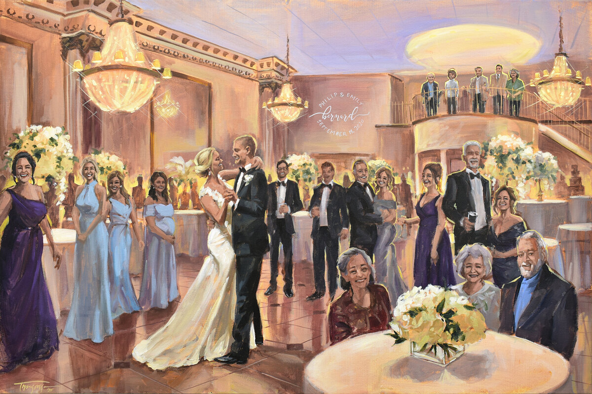 live wedding painting of reception at The Balcony Ballroom