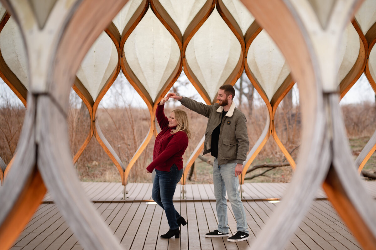 A couple dances underneath the honeycomb in Chicago, IL