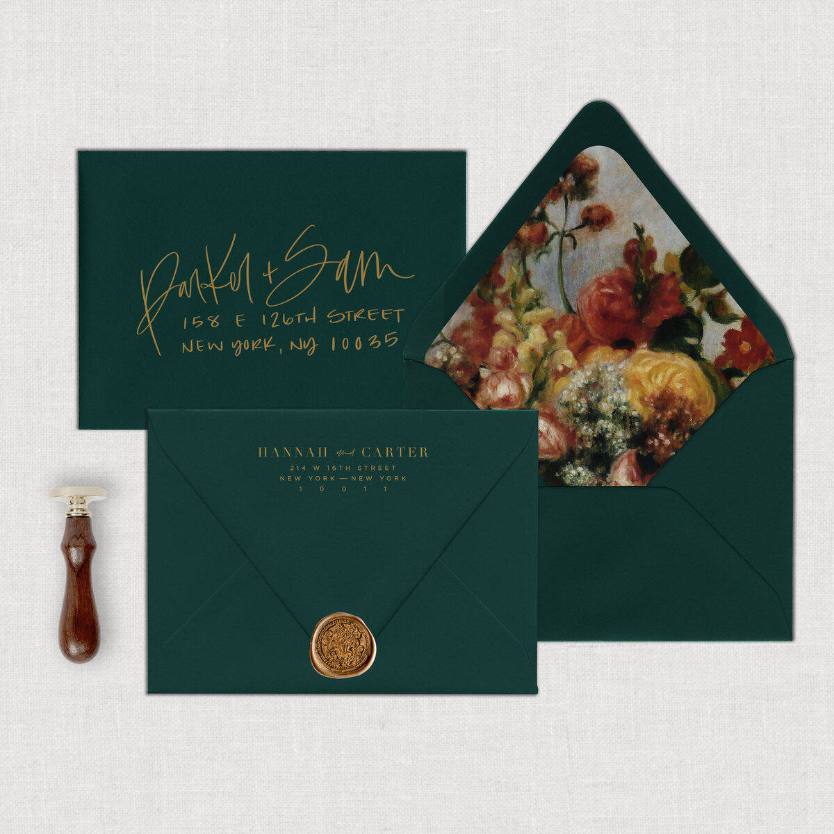 A Hunter Green Wedding suite envelope with gold hand written calligraphy, with gold wax seal, and printed envelope liner.