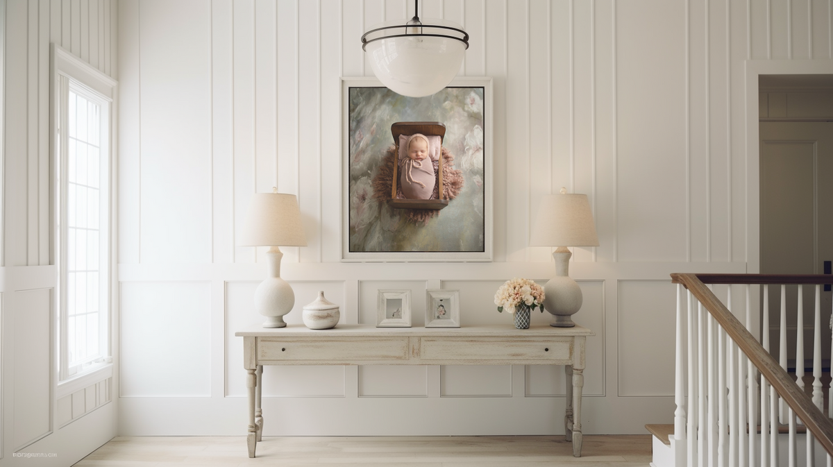 White farmhouse airy foyer with a beautiful floral portrait of a newborn baby girl