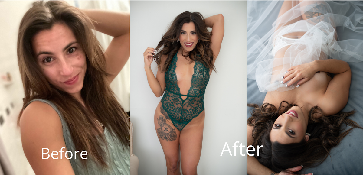 Woman before and during her boudoir photoshoot
