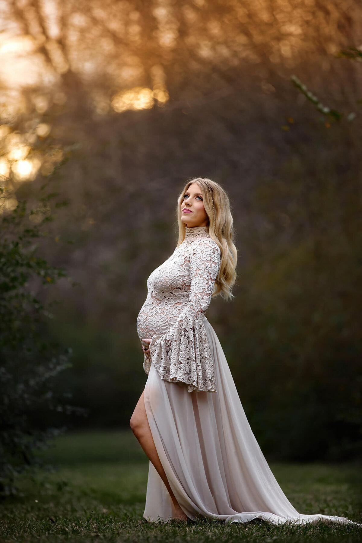 Beautiful maternity outfit and model during golden hour.