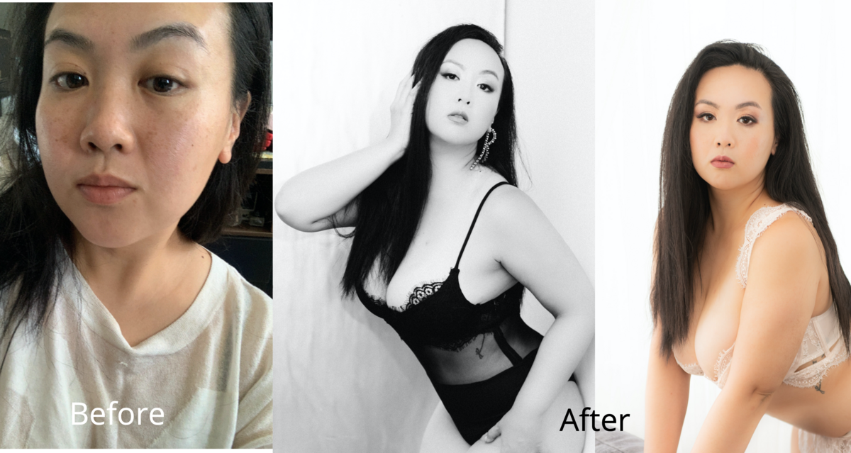 Woman before and after boudoir hair and makeup styling