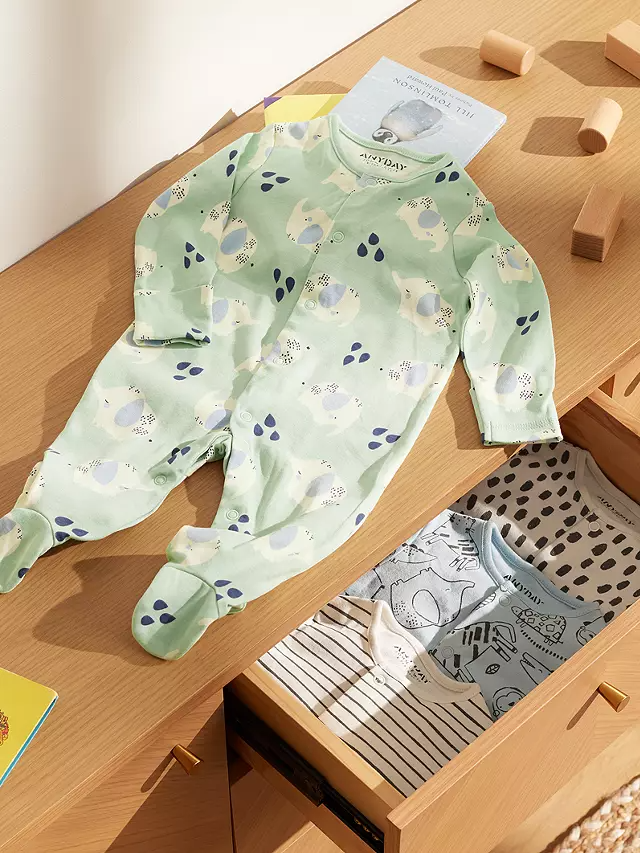 John Lewis & Partners Baby Elephant Print Sleepsuit, Pack of 4, Multi (1)