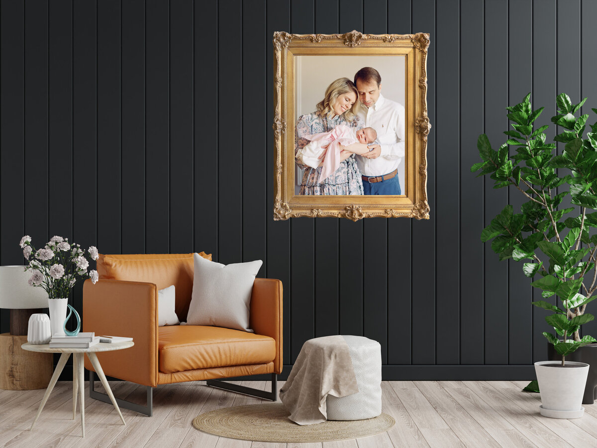 Veritcal gold frame canvas on a black wall ideas for your home by Raleigh family photographer A.J. Dunlap Photography.