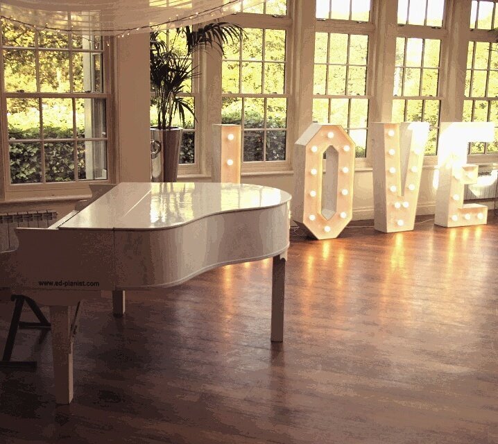 white baby grand piano wedding pianist love letters mitton hall
