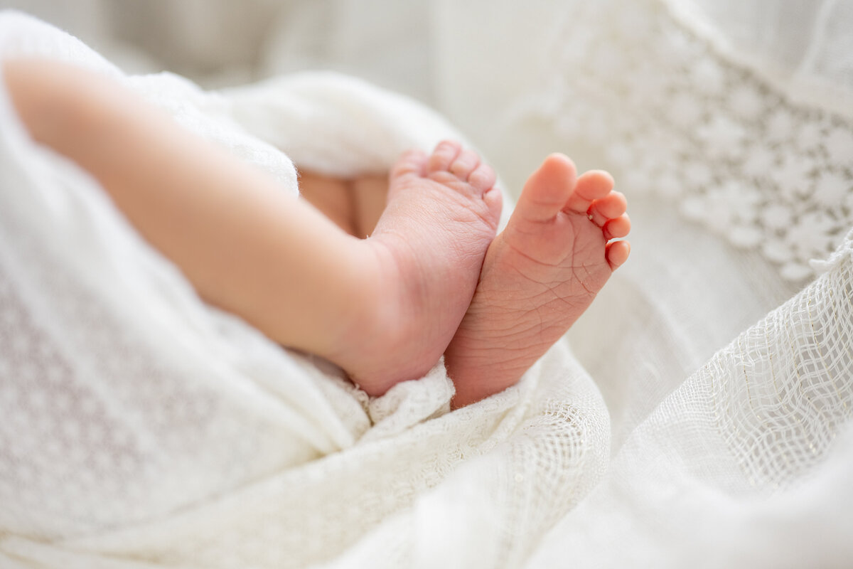 Close up picture of a newborn baby's feet and toes