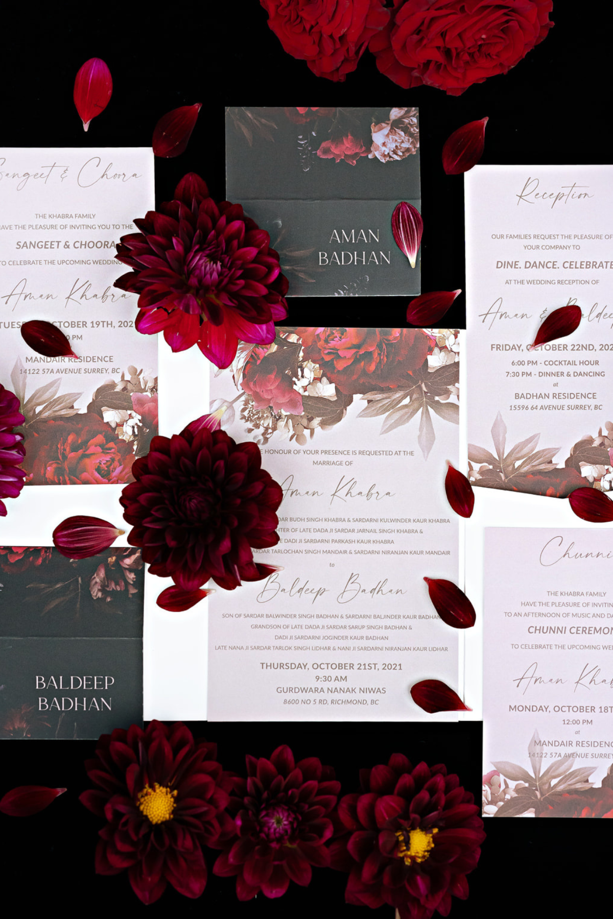 black-gold-burgundy-red-tent-reception-roses-stationery-invitation-place-card