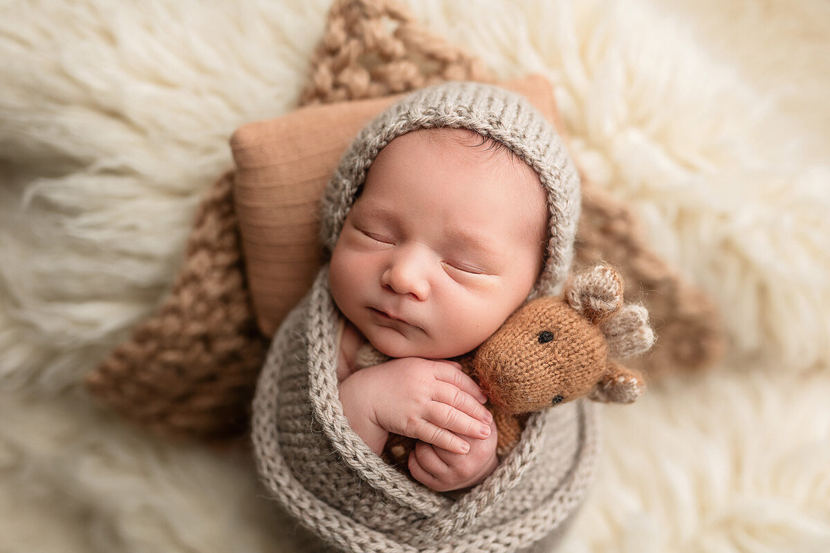 Baby boy holding a stuffed giraffe.