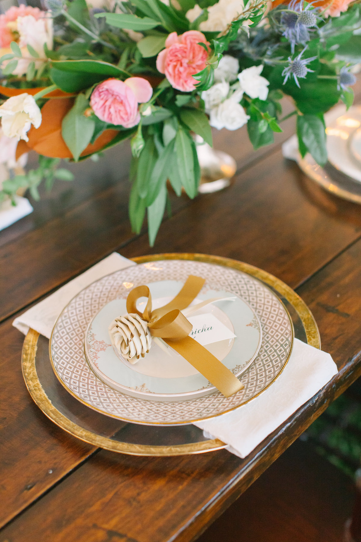 Charleston Wedding Place Setting Gold and Ivory Palmetto Rose Place Card  on Farm Table