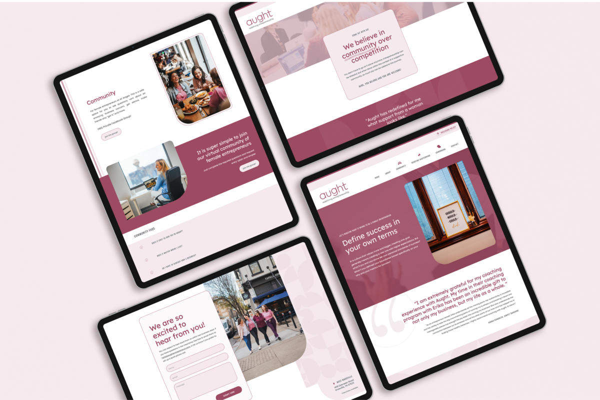 Clean, modern, feminine website design mocked up on four tablets showing responsive website design by Knoxville agency Liberty Type