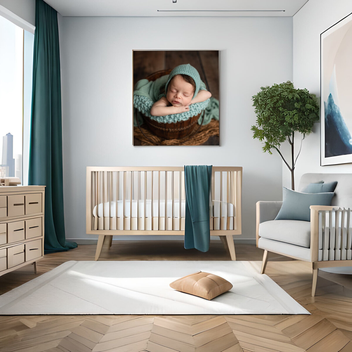 Newborn room with three large statement pieces of artwork.