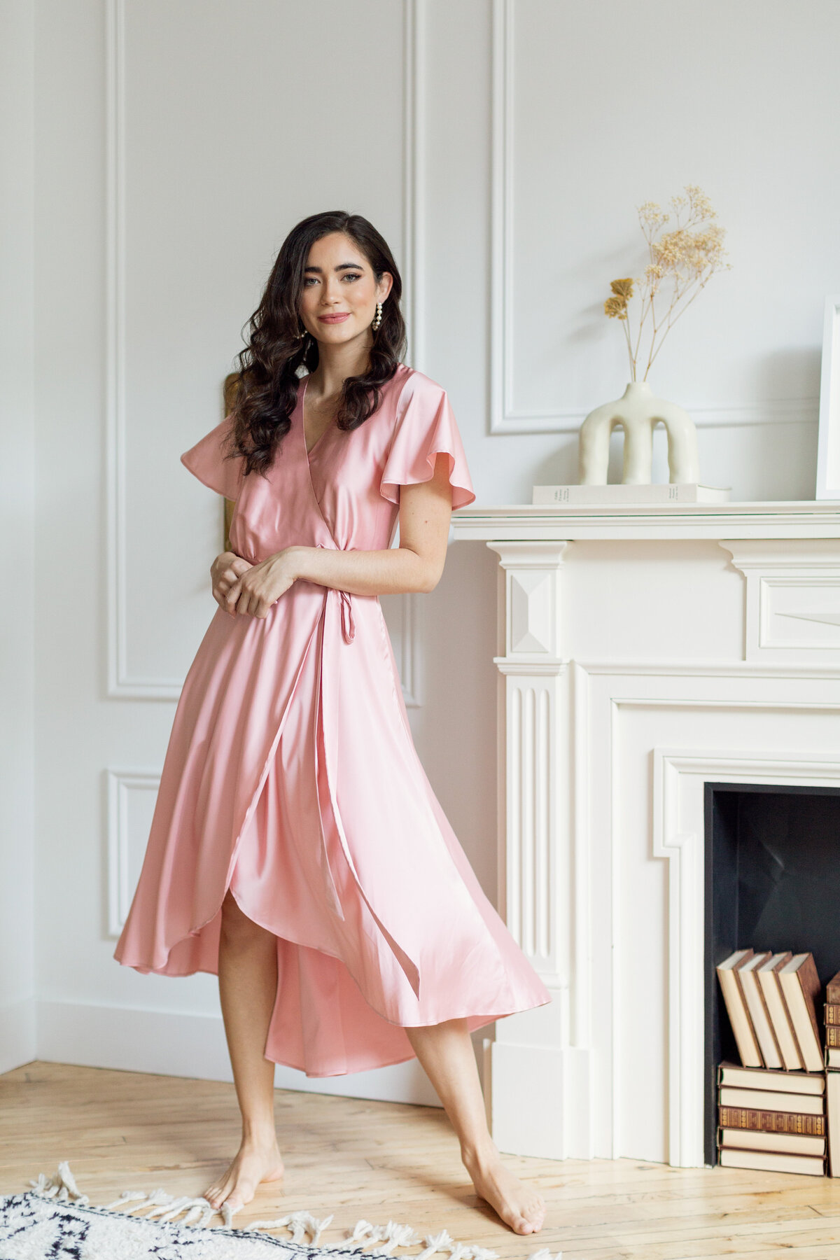 Classic satin wrap style pink bridesmaid dress By Catalfo, elegant wedding fashion based in Kelowna. Featured on the Brontë Bride Vendor Guide.