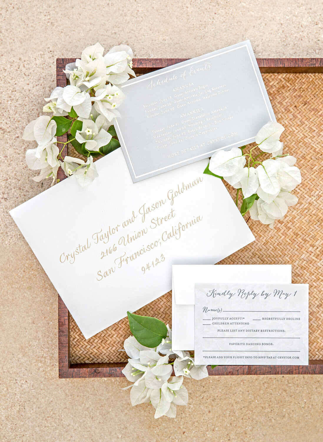 destination-wedding-bali-amankila-invitation-suite-light-gray-white-gold-calligraphy