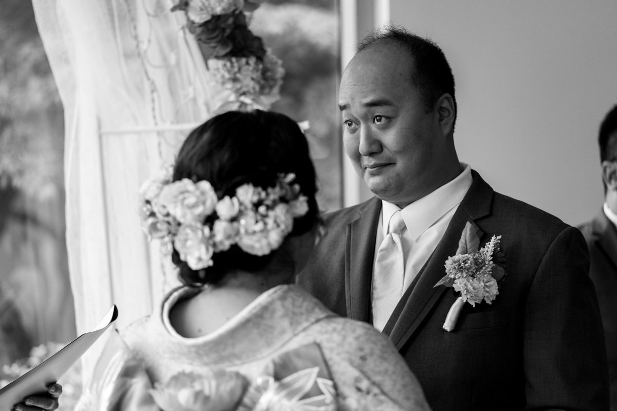 Groom crying at his Musuem of Vancouver wedding,