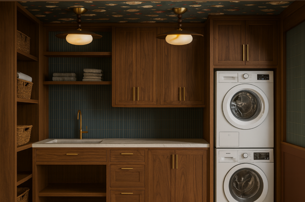 Orange county home remodel by San Clemente interior designer Terri Brien Interiors. Warm walnut laundry room cabinets with quartz countertops, tile backsplash, wallpapered ceiling, stacked washer and dryers and brass plumbing fixtures.