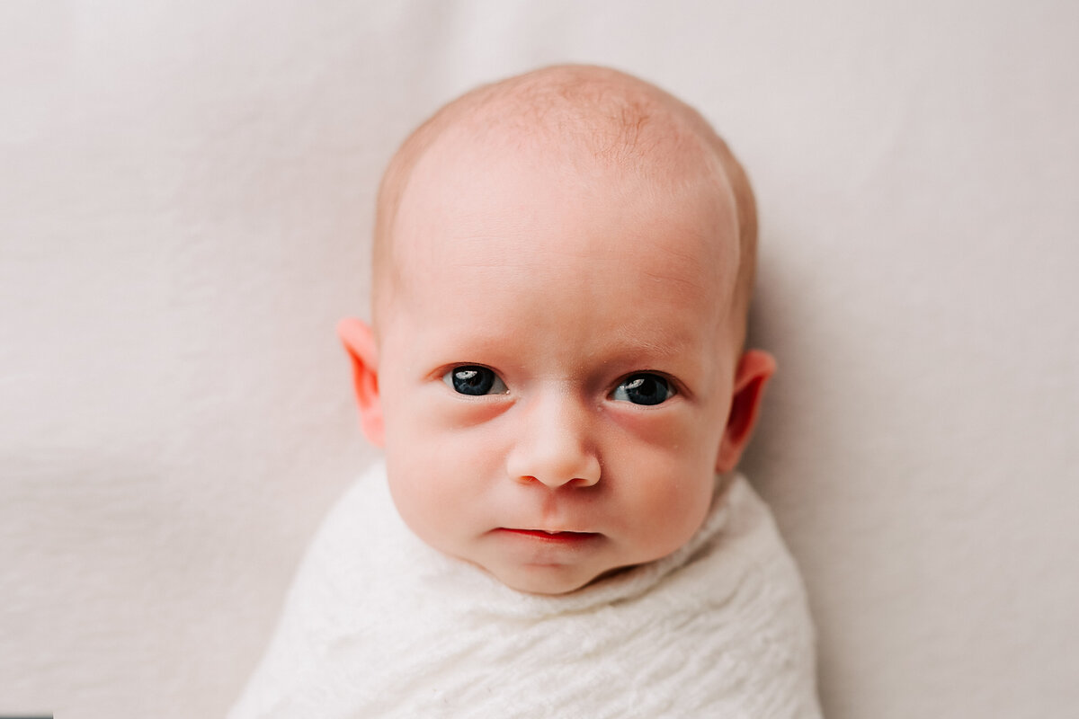 baby wrapped in white wrap with wide awake eyes looking at the camera during a home lifestyle session.