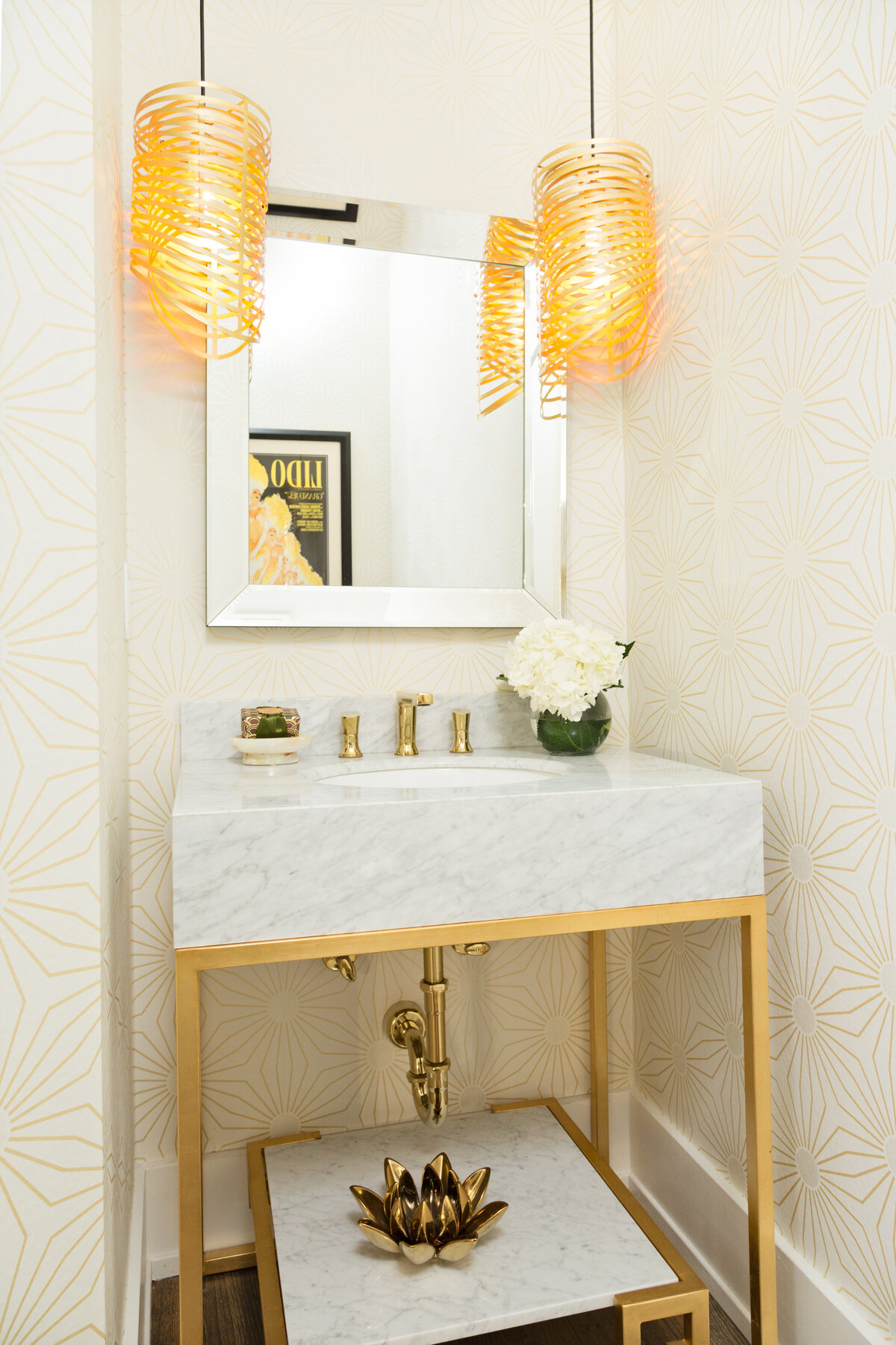 Modern Powder Room White Counter and Gold Frame