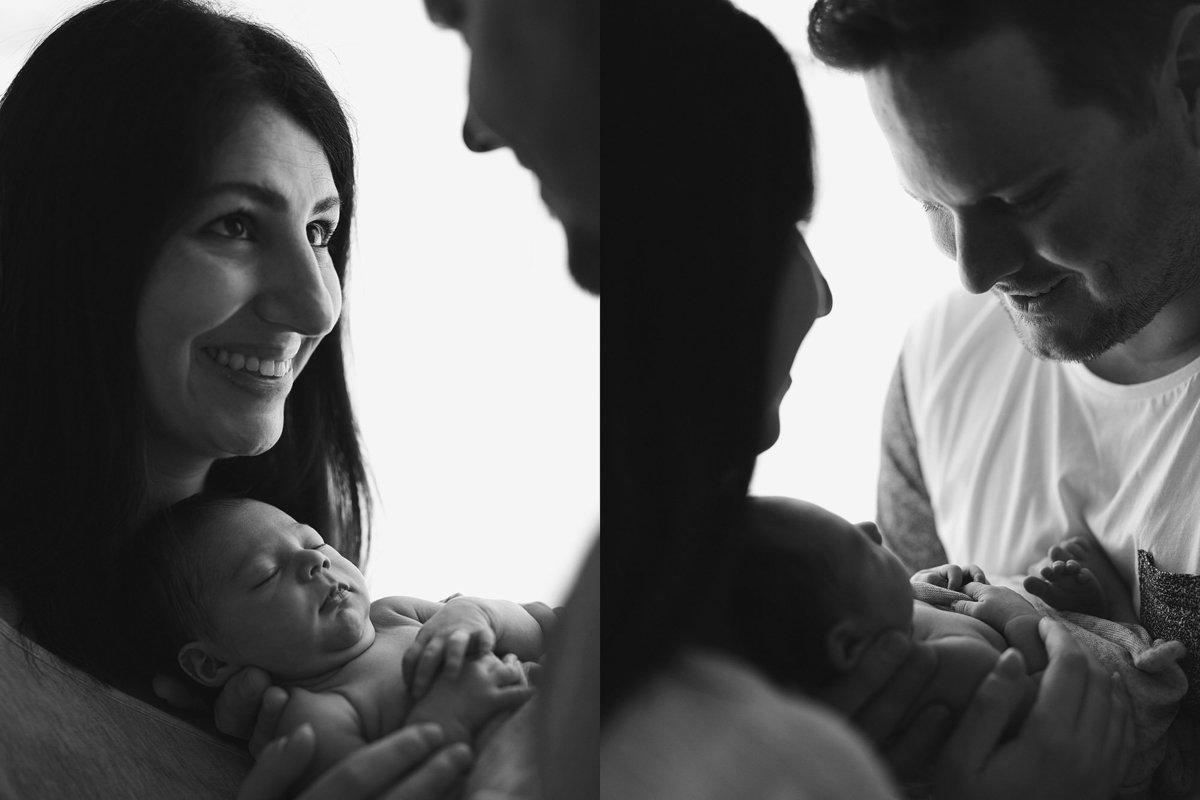 two photos of couplle holding a baby looking at each other