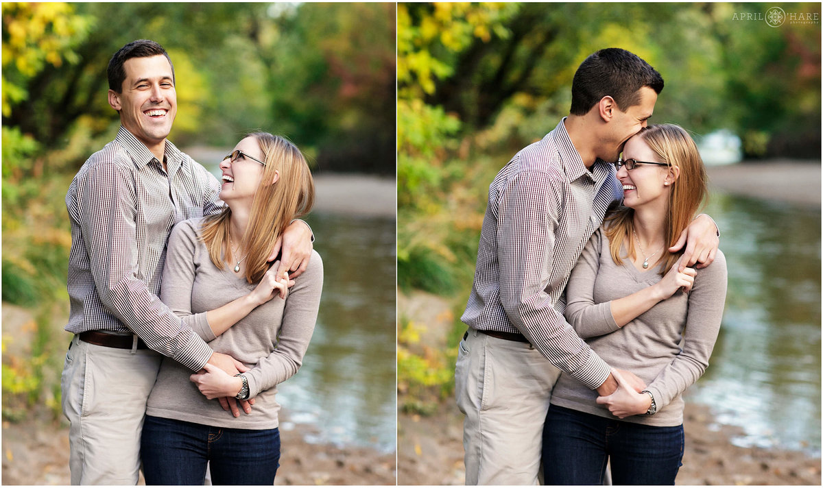 Happy laughing couple engagement photography at Four Mile Park at Cherry Creek