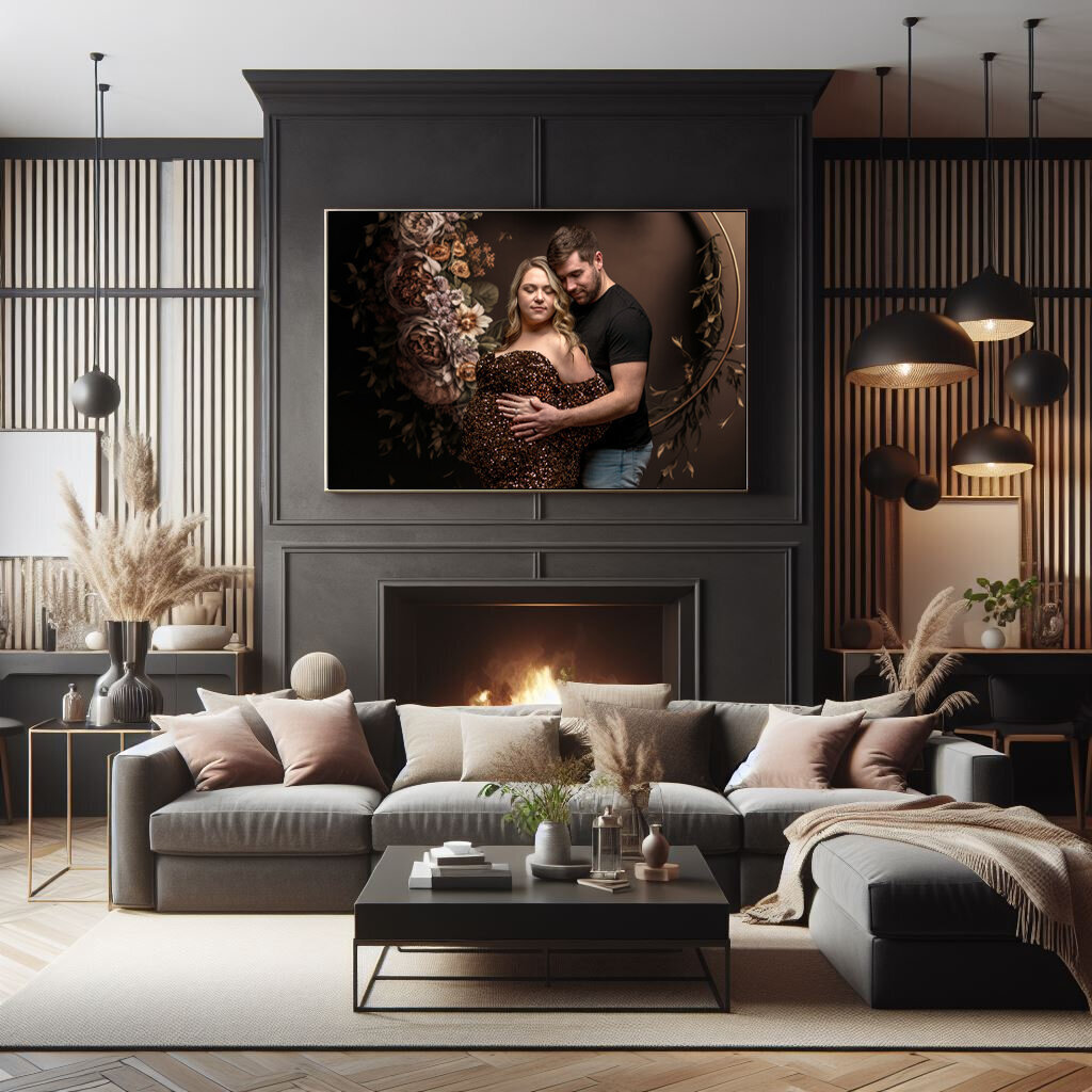 Aesthetic living room featuring a large maternity portrait.