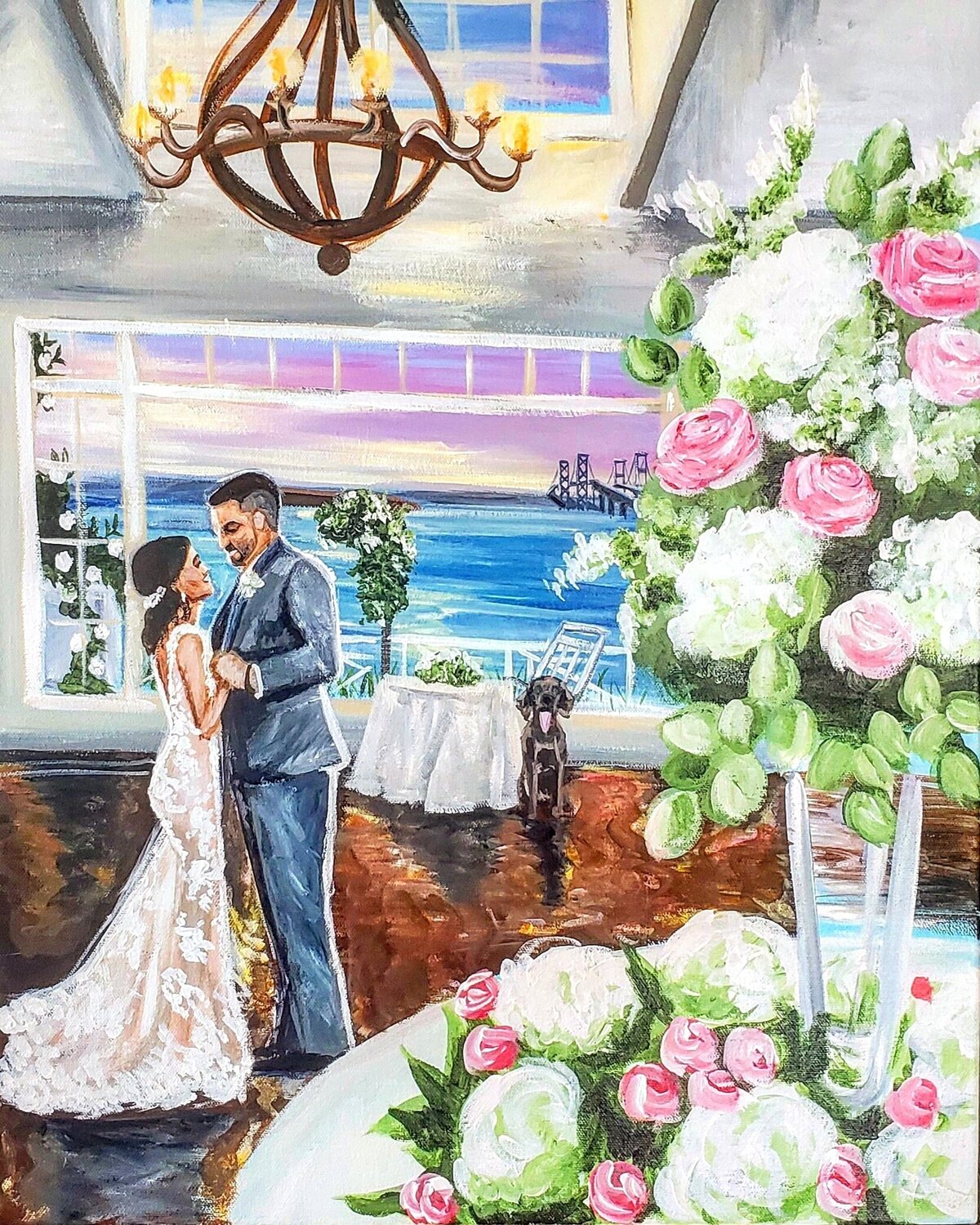 The tall pink and white floral centerpieces made for the perfect framing piece for this first dance live wedding painting on the water