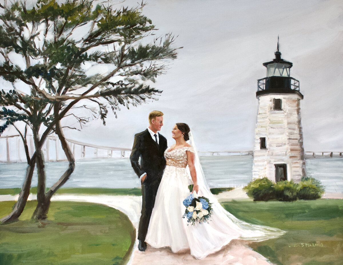 Wedding art bride and groom first look with lighthouse and newport bridge background