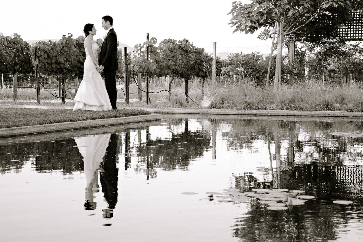 A portrait of the bride and groom by the pond at Cornerstone Gardens in Sonoma.