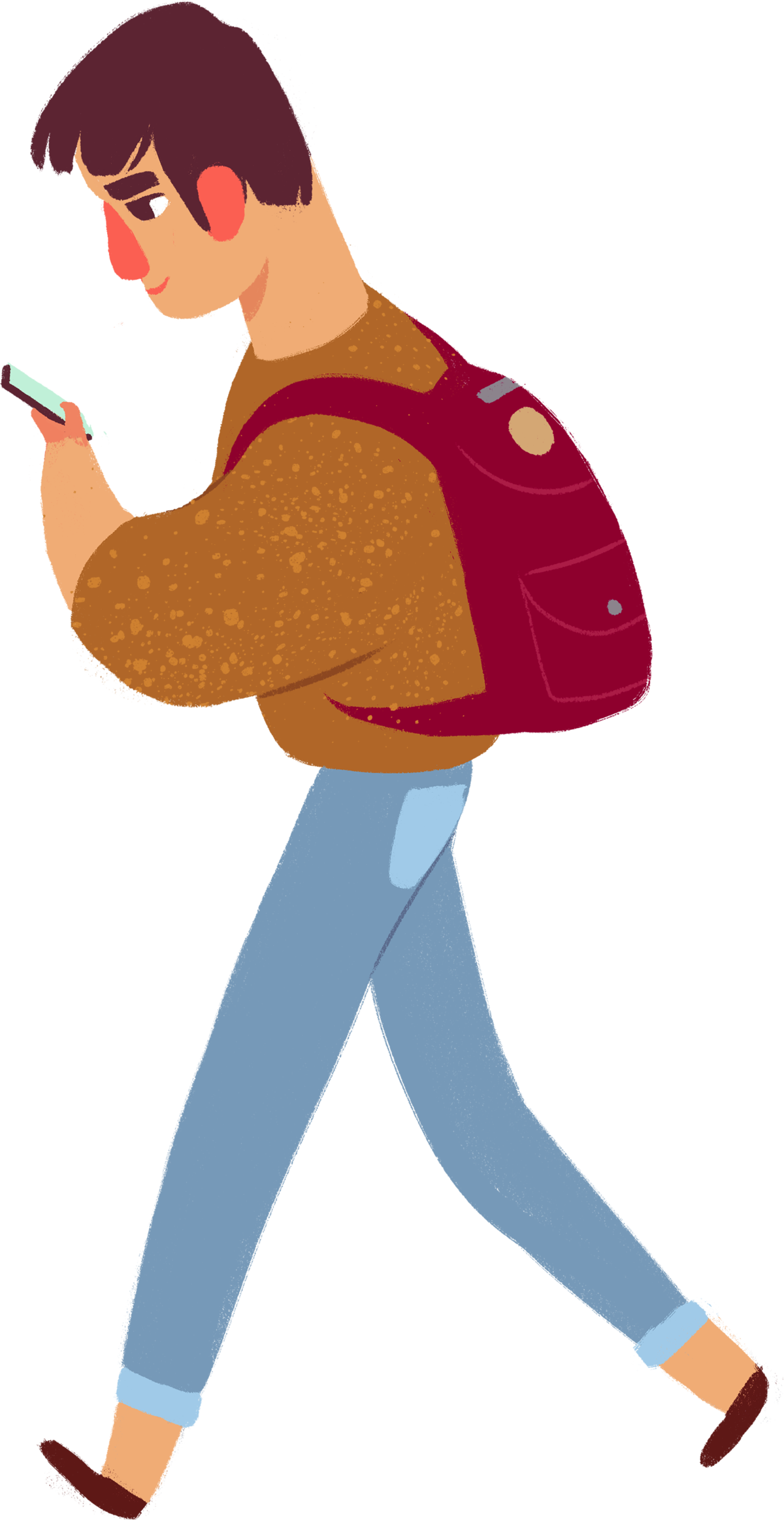 cartoon man wearing a backpack walking while using his phone