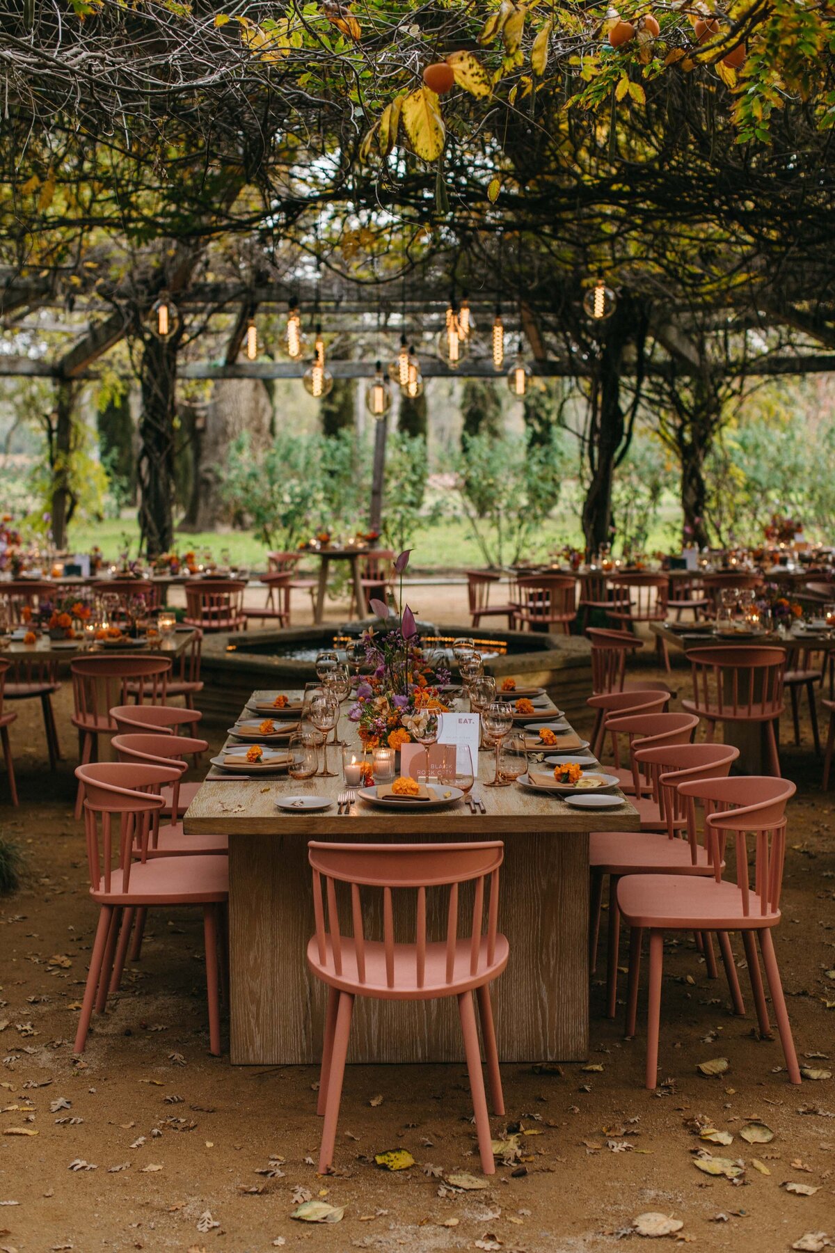 Campovida wedding pink chairs farm tables