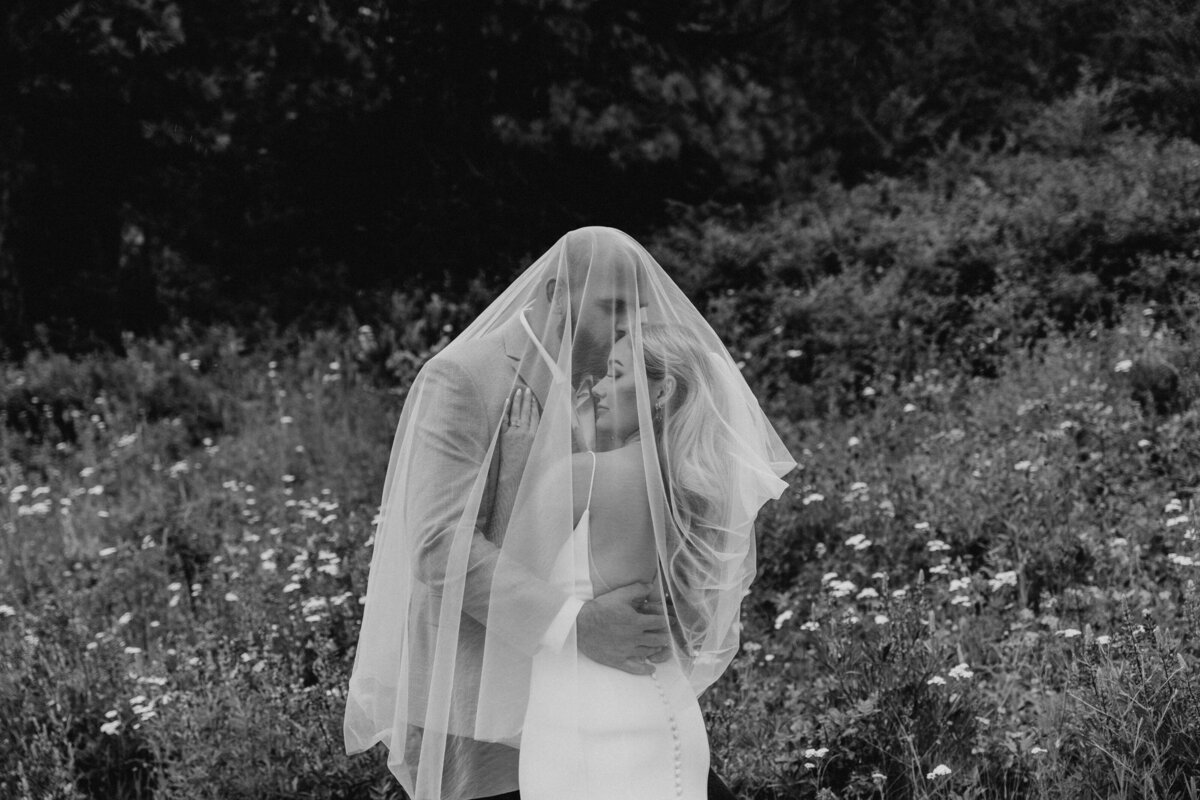 A couple kisses underneath the bride's veil during their wedding at Squilchuck State Park in Wenatchee, Washington.