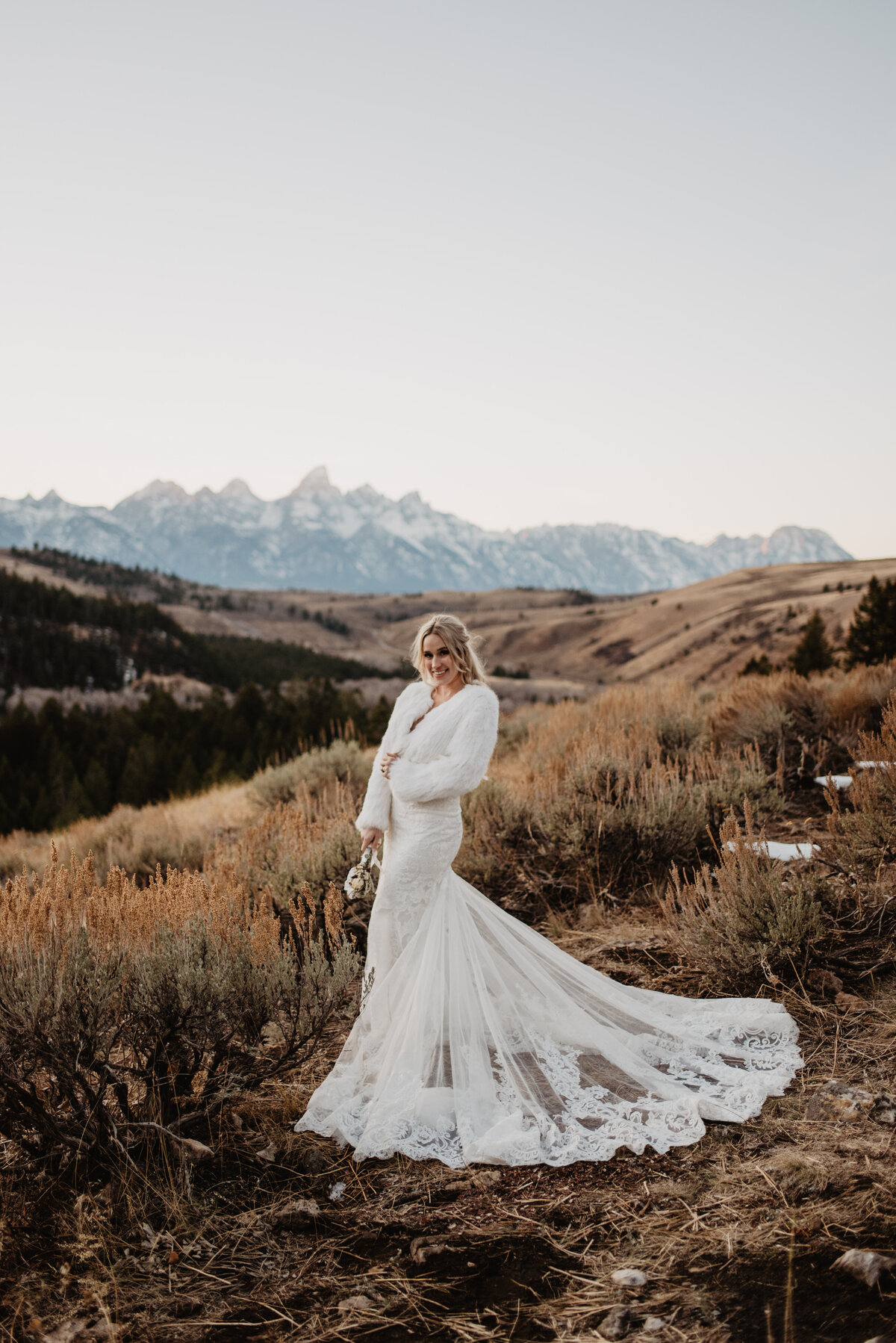 Jackson Hole Photographers capture woman wearing wedding dress in Grand Teton National Park
