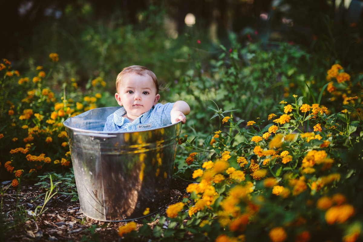 Toddler baby sitting in a silver bucket in a field of flowers posing for San Antonio Photographer Expose The Heart