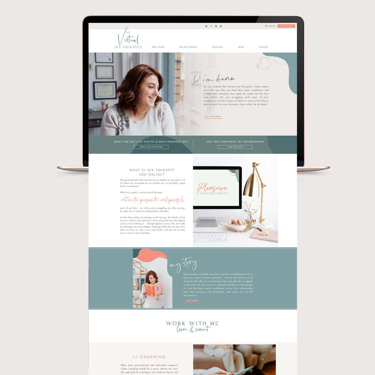 Experience the transformative power of custom web design with a therapist's website displayed on a laptop, featuring bold hues that reflect the essence of healing.