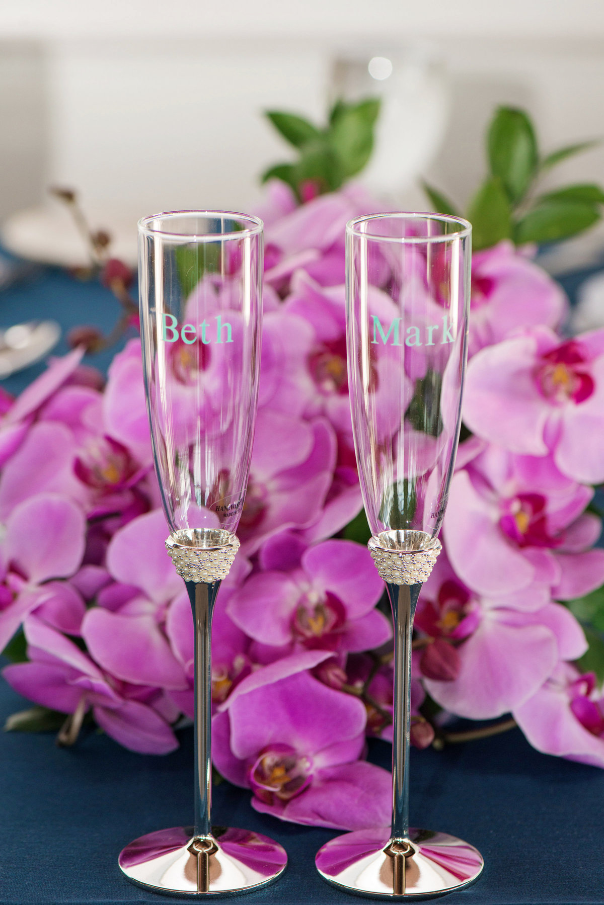 photo of engraved champagne flutes from wedding at Pavilion at Sunken Meadow