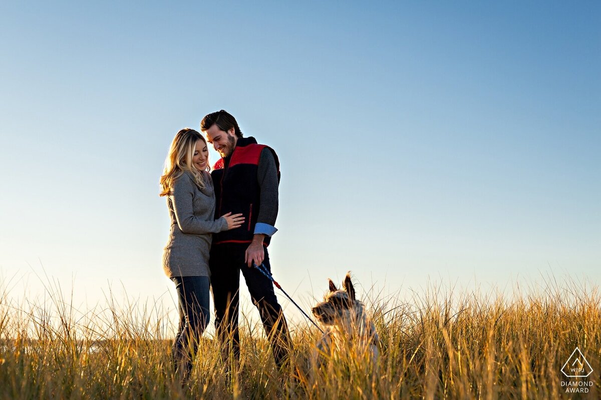 Plum Island Massachusetts engagement session in the tall beach grass with their puppy
