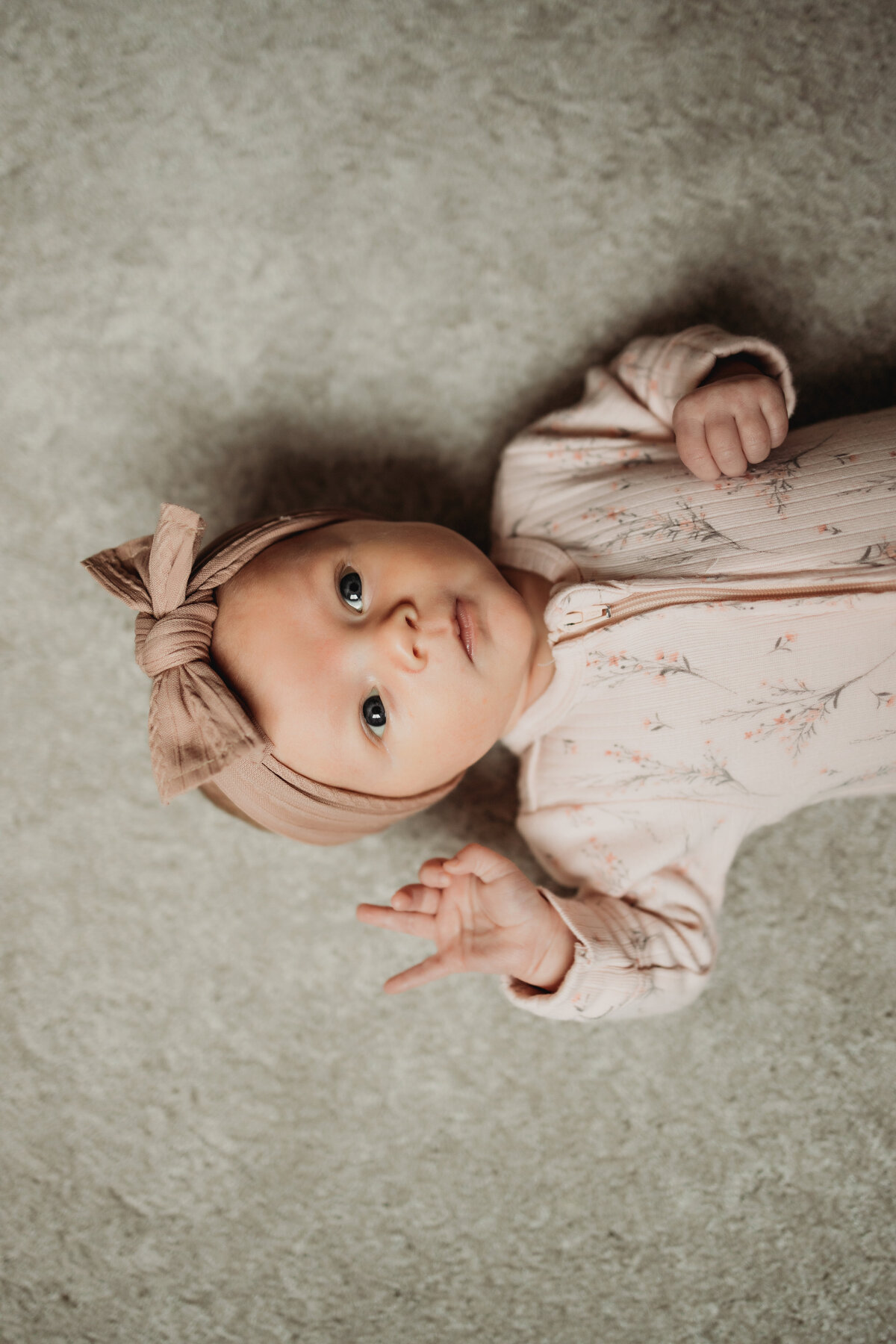 overhead photo of newborn baby girl on carpet with a tan bow