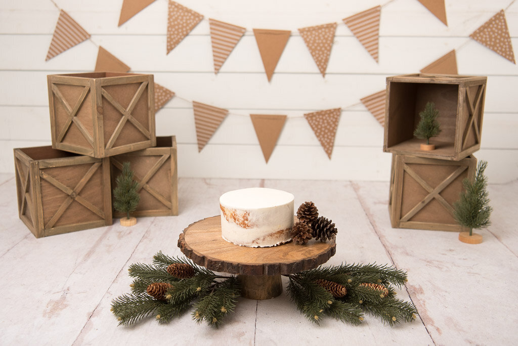 Neutral cake smash theme with wood accents