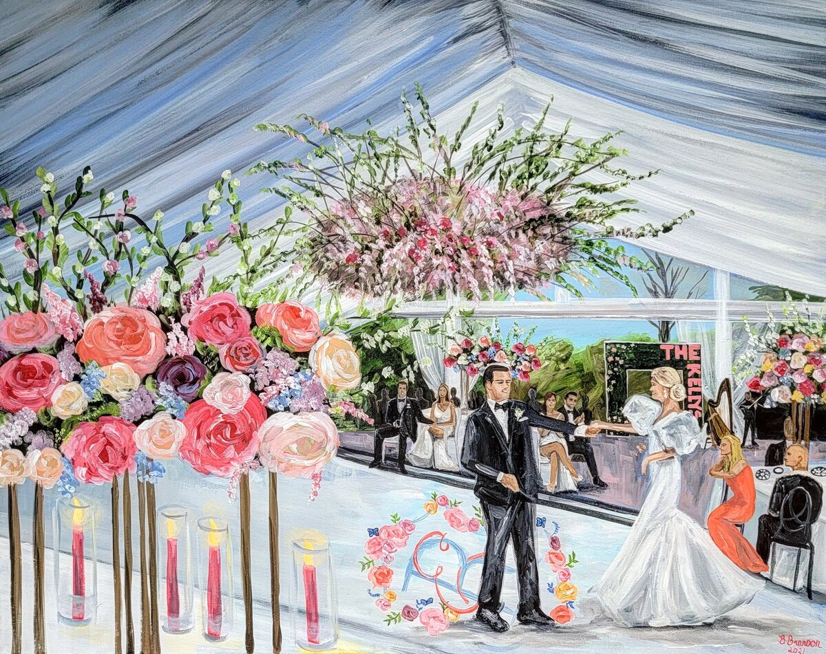Tented flower filled wedding reception live wedding painting at the Greenacres Arts Center in Cincinnati. Bride and groom share their first dance surrounded by colorful flowers.