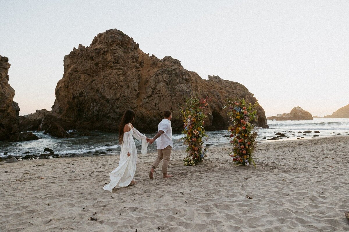 An adventurous couple eloping out west with their horse.