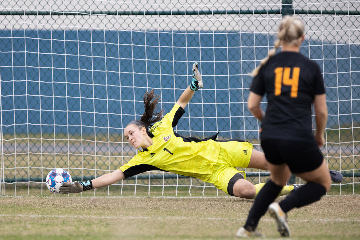 Mackenzie Stroebel of UT Southern scores the game winning penalty kick to win the NAIA Womens Soccer National Championship in Gulf Shores, Alabama.